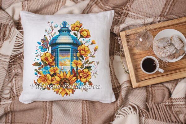 floral lantern cross stitch design on pillow case