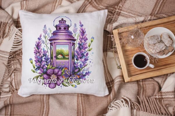 lavender lantern cross stitch embroidery on pillow case