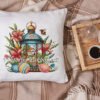 White linen pillow, cushion Mockup on plaid. Inrerior photo easter lantern cross stitch embroidery on pillow case