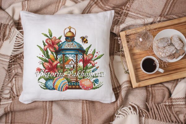 White linen pillow, cushion Mockup on plaid. Inrerior photo easter lantern cross stitch embroidery on pillow case