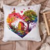 White linen pillow, cushion Mockup on plaid. Inrerior photo rainbow heart cross stitch embroidery on pillow case