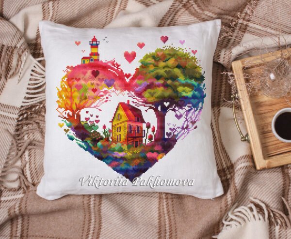 White linen pillow, cushion Mockup on plaid. Inrerior photo rainbow heart cross stitch embroidery on pillow case