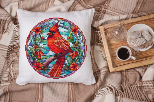 Cardinal stained glass cross stitch pattern pillow mockup