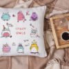White linen pillow, cushion Mockup on plaid. Inrerior photo Crazy owls cross stitch design displayed on decorative pillow