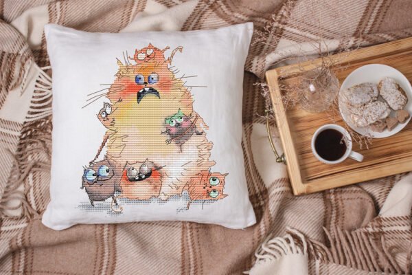 Mother Cat Cross Stitch Pattern  Funny Ginger Kitty & Playful Kittens Embroidery (PDF Digital Download)