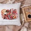 White linen pillow, cushion Mockup on plaid. Inrerior photo Elf girl and fox cross stitch design displayed on decorative pillow for nursery décor and kids room