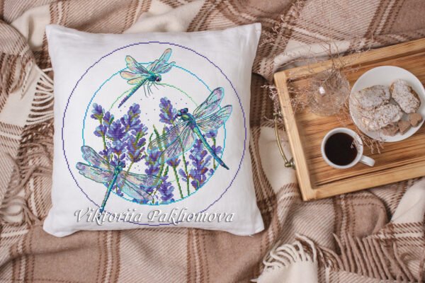 White linen pillow, cushion Mockup on plaid. Inrerior photo Lavender Dragonfly Cross Stitch Pattern (PDF) – Floral Insect Embroidery Design