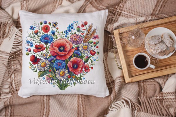 mock up pillow for Wildflower heart cross stitch pattern
