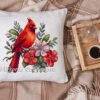 White linen pillow, cushion Mockup on plaid. Inrerior photo Floral cardinal cross stitch design displayed on decorative pillow