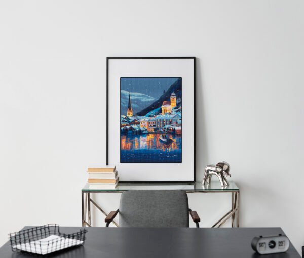 Snowy village cross stitch artwork