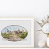 8 Elegant framed cross stitch of Ukrainian fortress with summer landscape, decorative interior embroidery
