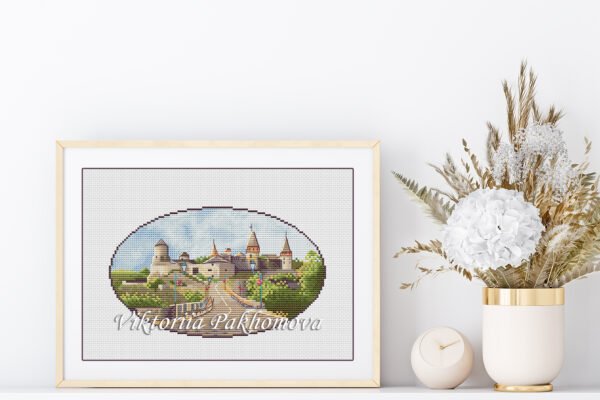 8 Elegant framed cross stitch of Ukrainian fortress with summer landscape, decorative interior embroidery
