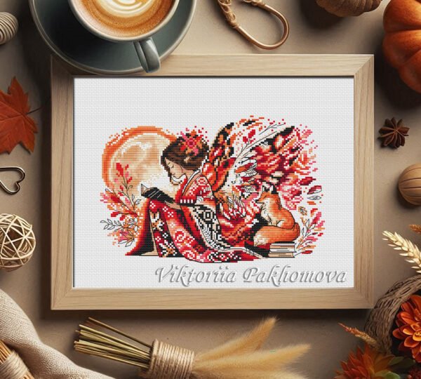 81 Autumn fairy scene cross stitch with fox and books — magical embroidery design