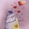 finished cross stitch artwork featuring a cute romantic cat with colorful hearts and warm expressive details.