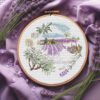 Framed lavender fields cross stitch pattern in embroidery hoop