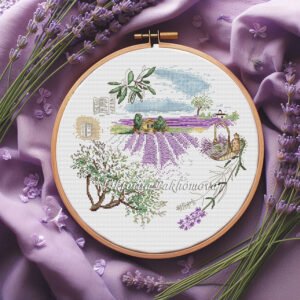Framed lavender fields cross stitch pattern in embroidery hoop