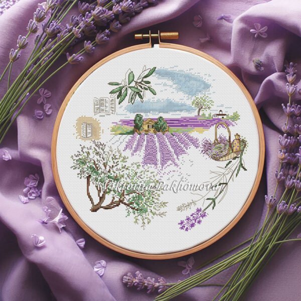 Framed lavender fields cross stitch pattern in embroidery hoop