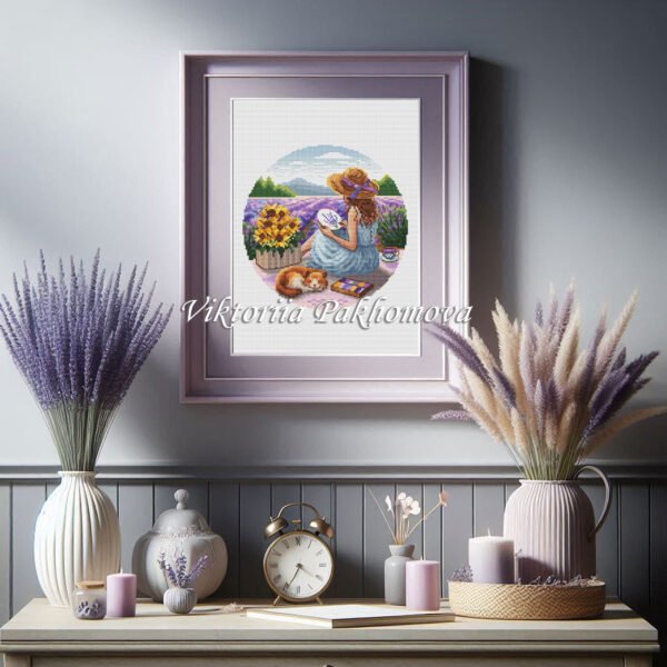 Finished embroidery of girl with hoop in lavender field — floral cross stitch artwork