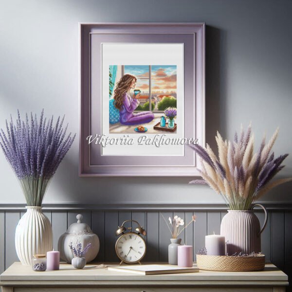 Finished embroidery of girl drinking coffee by window — colorful city landscape design