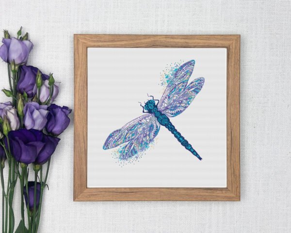 Cornflower dragonfly cross stitch design interior framed