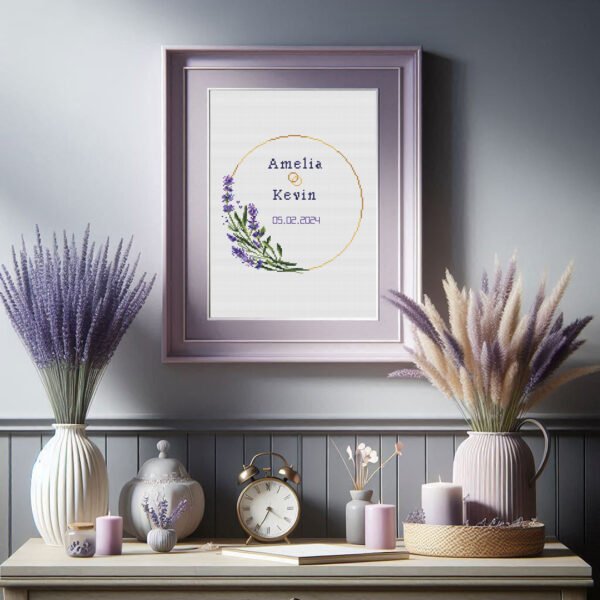 85 Lavender Wedding Wreath Cross Stitch Pattern β Custom Keepsake Embroidery Gift for Couple (PDF)