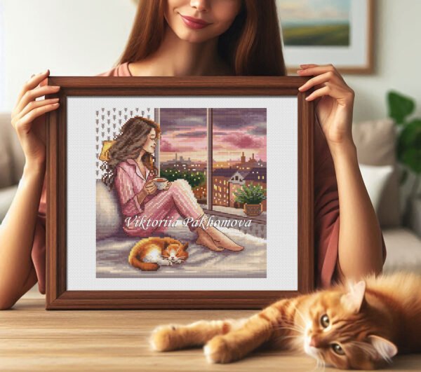 Finished embroidery of girl drinking tea by window — cozy evening city scene