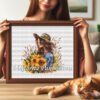 Girl with sunflower bouquet framed cross stitch — decorative embroidery design