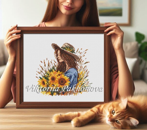 Girl with sunflower bouquet framed cross stitch — decorative embroidery design
