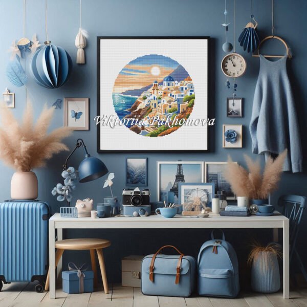 Santorini Greece blue houses finished embroidery