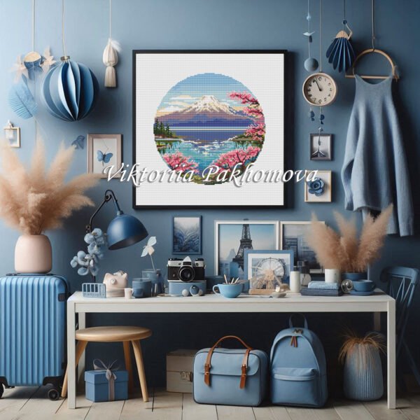 88 Japanese watercolor cross stitch framed