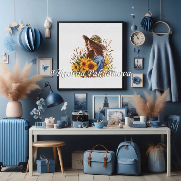 Mock up finished embroidery of girl with sunflowers — floral cross stitch artwor