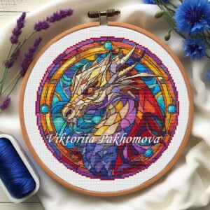 Stained glass dragon cross stitch pattern, colorful digital embroidery design