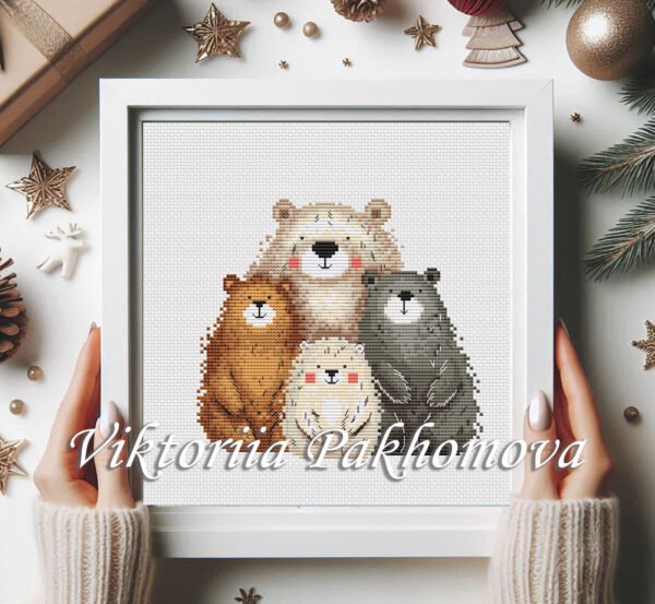cute bears family cross stitch design framed