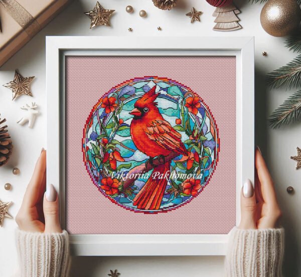 Cardinal stained glass cross stitch pattern framed art mockup
