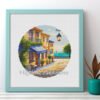 Mediterranean coastal village with flowers and sea view, Framed