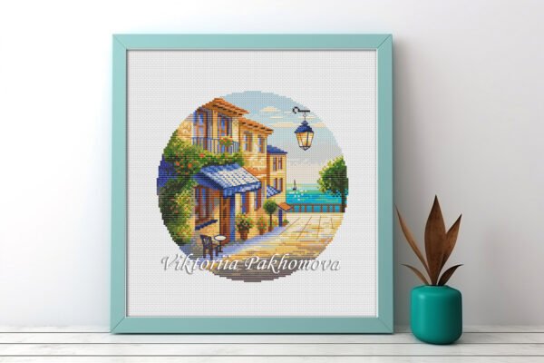 Mediterranean coastal village with flowers and sea view, Framed