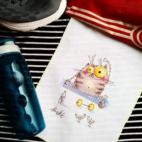 Finished embroidery of a cute yoga cat sitting on a mat with small props and bright colors