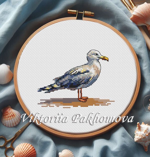 seagull cross stitch embroidery in a wooden hoop