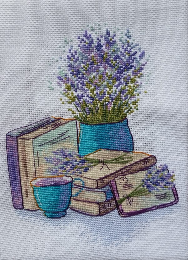 lavender cross stitch embroidery finished