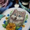 Anastasiya Ray floral husky dog cross stitch design with bright color