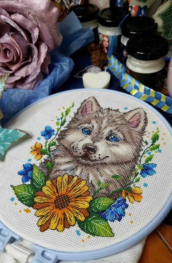 Anastasiya Ray floral husky dog cross stitch design with bright color