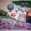 Framed cross stitch artwork of a whimsical owl beside a tiny forest house with colorful mushrooms and balloons