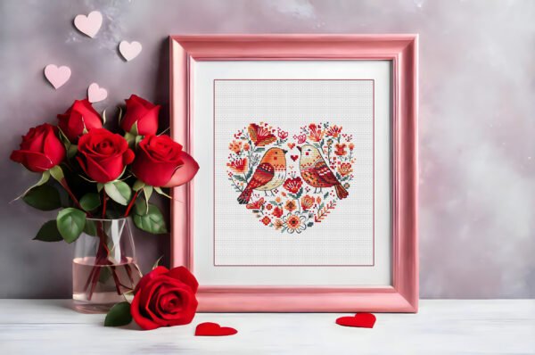 Blank Valentine Frame with Rose Mockup (1) Framed Birds heart cross stitch pattern