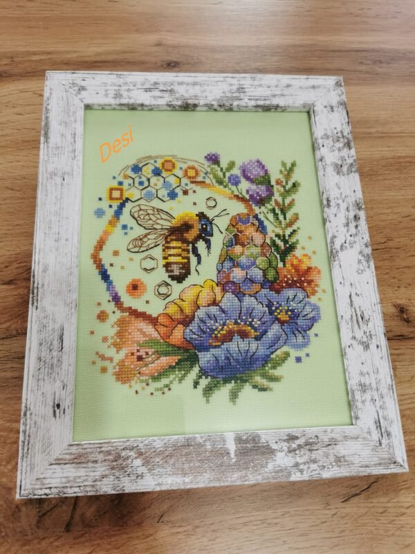qrf Spring bee cross stitch pattern finished embroidery in wooden frame