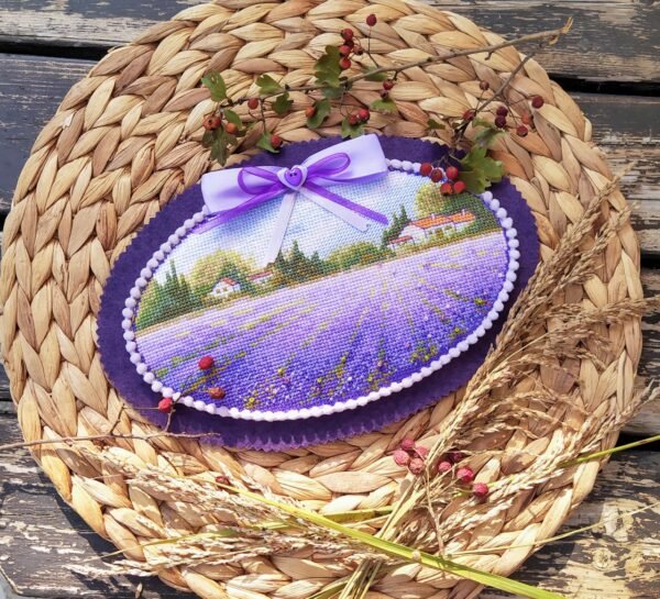 EQTysyIXkl0 Lavender fields cross stitch with decorative ribbon and beads, Provence countryside design
