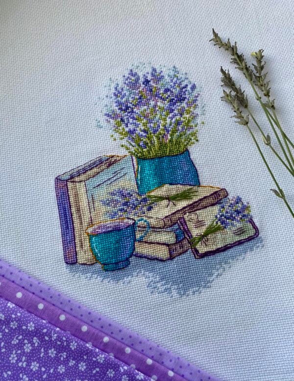 lavender cross stitch embroidery finished