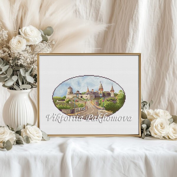 M-US-table-sign-10x8-0020 Kamyanets‑Podilskyi castle cross stitch artwork surrounded by flowers, detailed travel embroidery