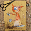 Finished embroidery of cross stitch artwork featuring a whimsical ginger cat with a coffee cup and bold colorful shading.