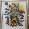 Framed tawny owl and sunflower cross stitch artwork finished embroidery