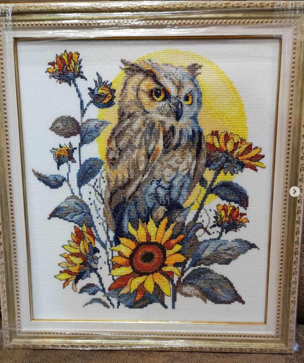 Framed tawny owl and sunflower cross stitch artwork finished embroidery